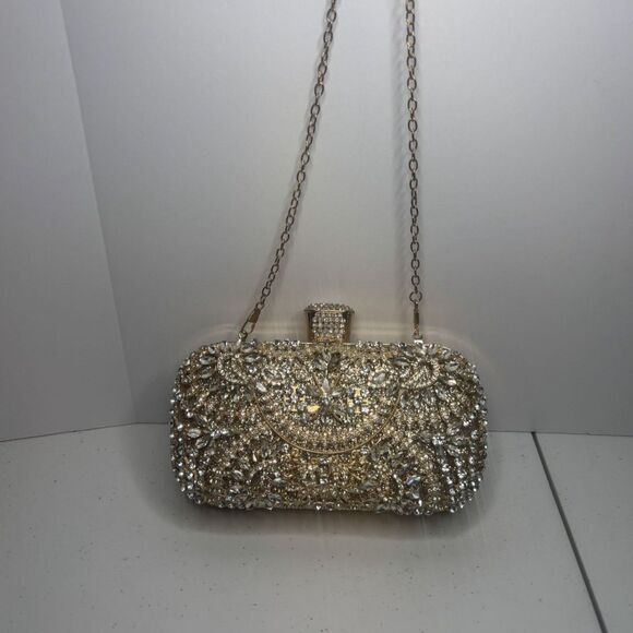 Designer Gold Jeweled Rhinestone Studded Evening Chain Clutch Purse Womens - Picture 2 of 8